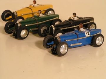 1/32ND SCALE BUGATTIS TYPE 59. YELLOW & GREEN-DEHAVILAND,BLK-LYTTLETON.BLUE-?ALL VERY RARE