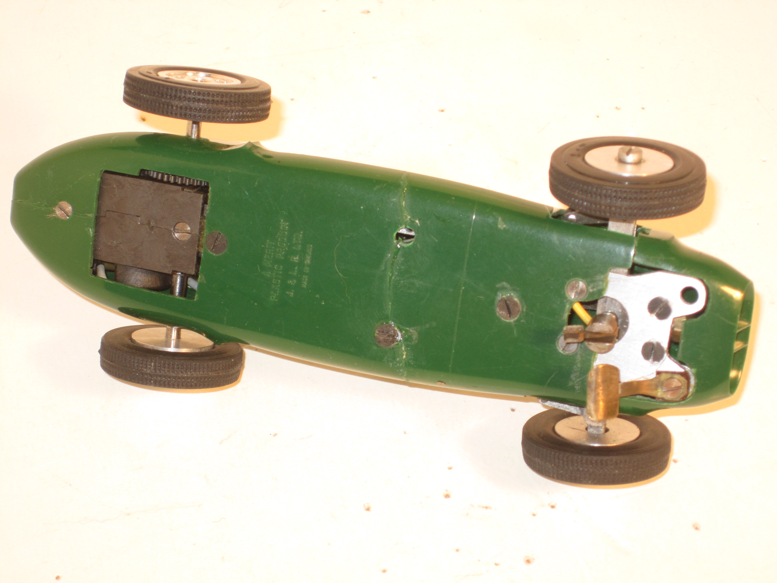 UNDERSIDE OF THE 1/24TH SCALE MERIT BODY   BRM TYPE 25 WITH A SCALEXTRIC MOTOR. RAILCAR