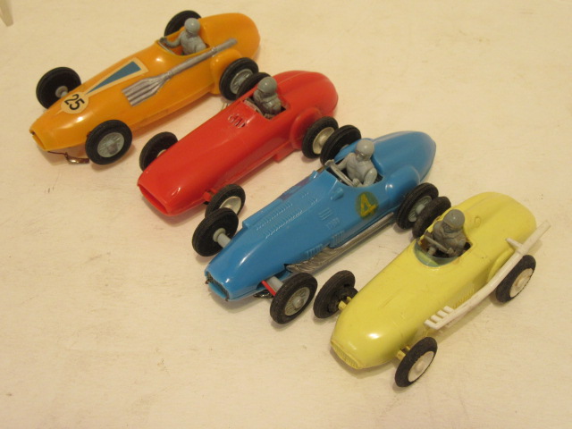 2 1/43RD CONVERTED TO SLOT( TABOLT & VANWALL) +2 SANWA 1/48TH SCALE SLOT CARS( MERCEDES & OFFY).