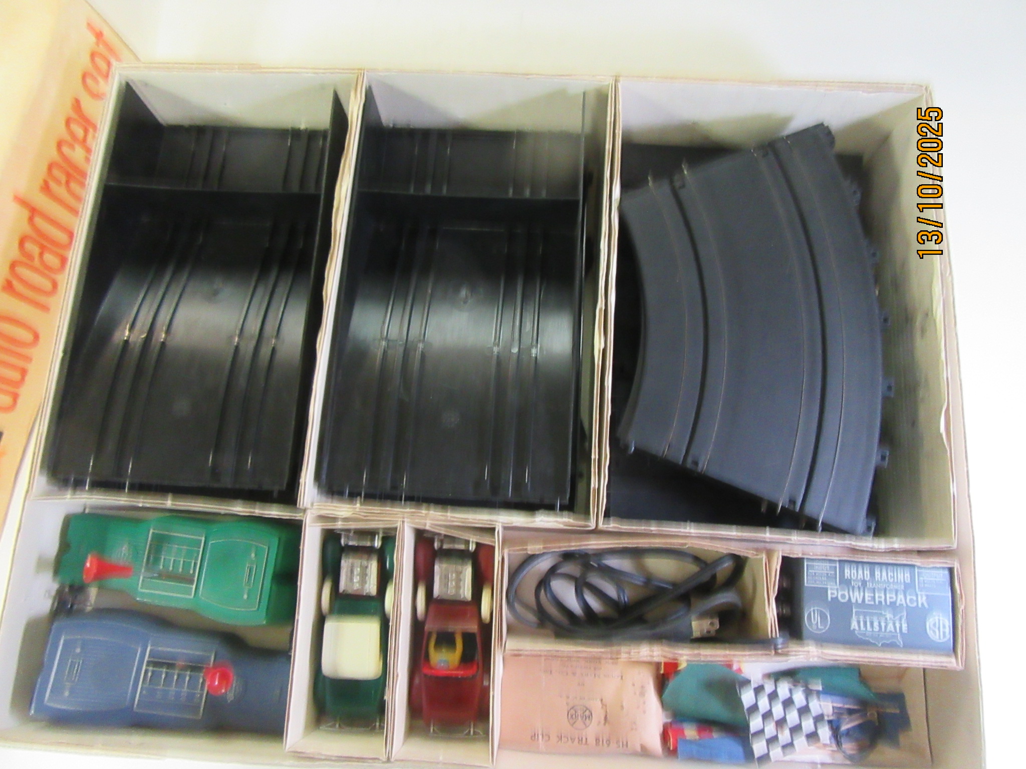 CONTENTS OF THE 1/32ND SCALE AUTO RACEWAY SET WITH 1 CONVERTIBLE CHEVY HOT ROD WITH ROLL BAR & 1 CHEVY HOT ROD WITH A ROOF. ,RARE