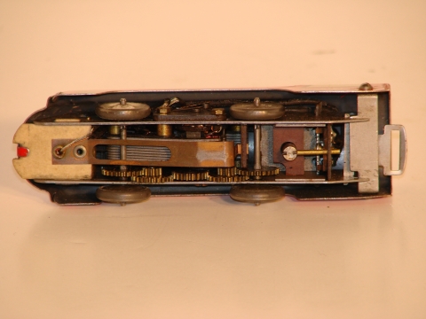 BOTTOM OT THE 1/43RD SCALE TINPLATE LOCOMOTIVE.