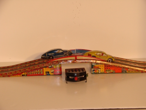 2 1/43RD SCALE RAILCARS RACING ON THE TINPLATE OVERPASS,FROM THE 1937 SET, RARE